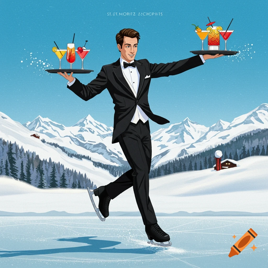 An illustration of a waiter in a tuxedo ice skating on a frozen lake while carrying trays of cocktails in a snowy mountain landscape.