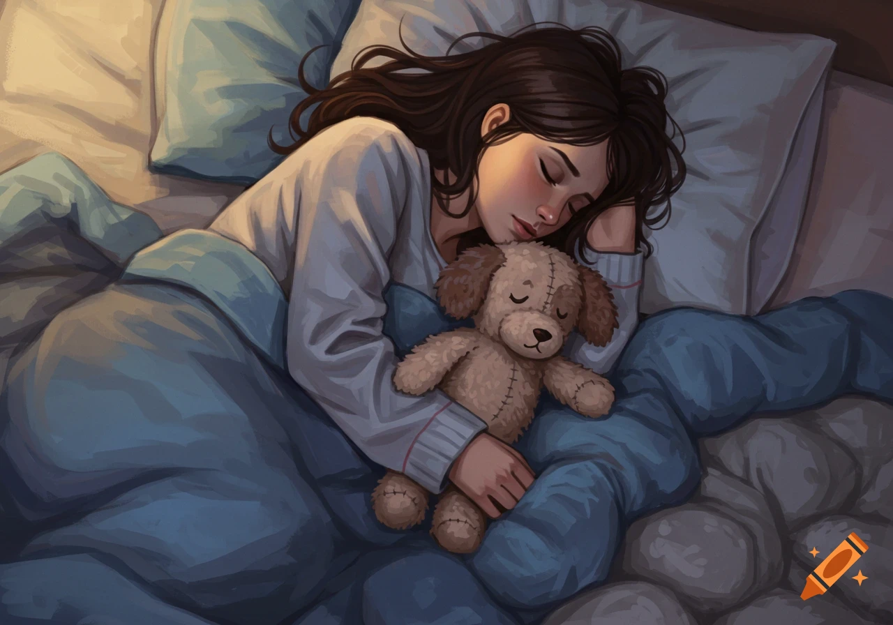 An illustration of a person sleeping in a cozy bed, cuddling a stuffed dog.