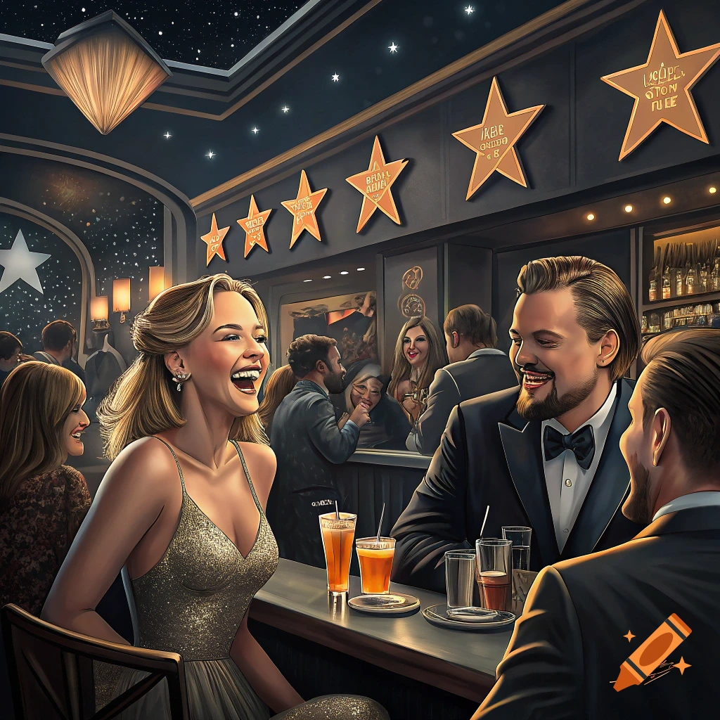 People in a bar socialize, with several resembling Hollywood celebrities.