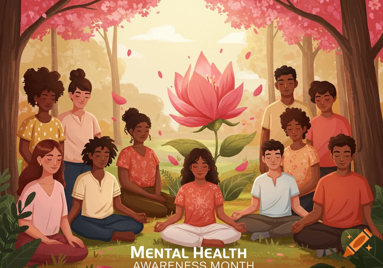 Group of diverse people meditating outdoors around a large lotus flower with text 'Mental Health Awareness Month'. Stylized illustration.
