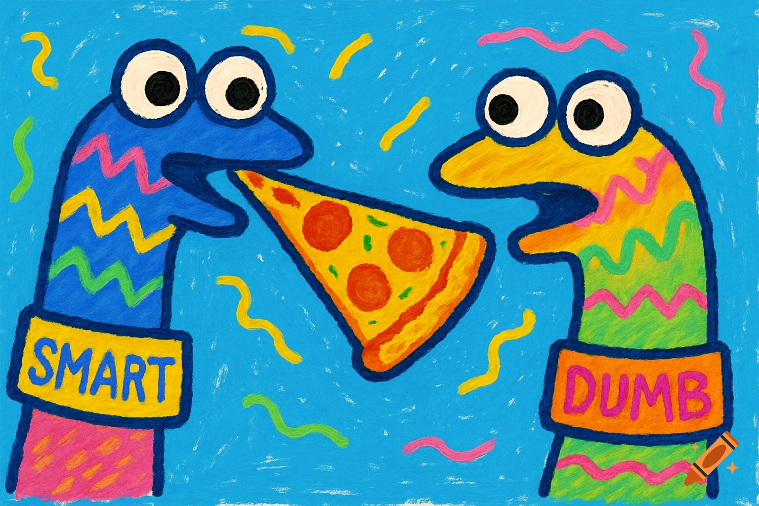 Two colorful sock puppets, one labeled 'SMART' and one labeled 'DUMB', tug on a slice of pizza. The image has a crayon-like texture on a blue background.