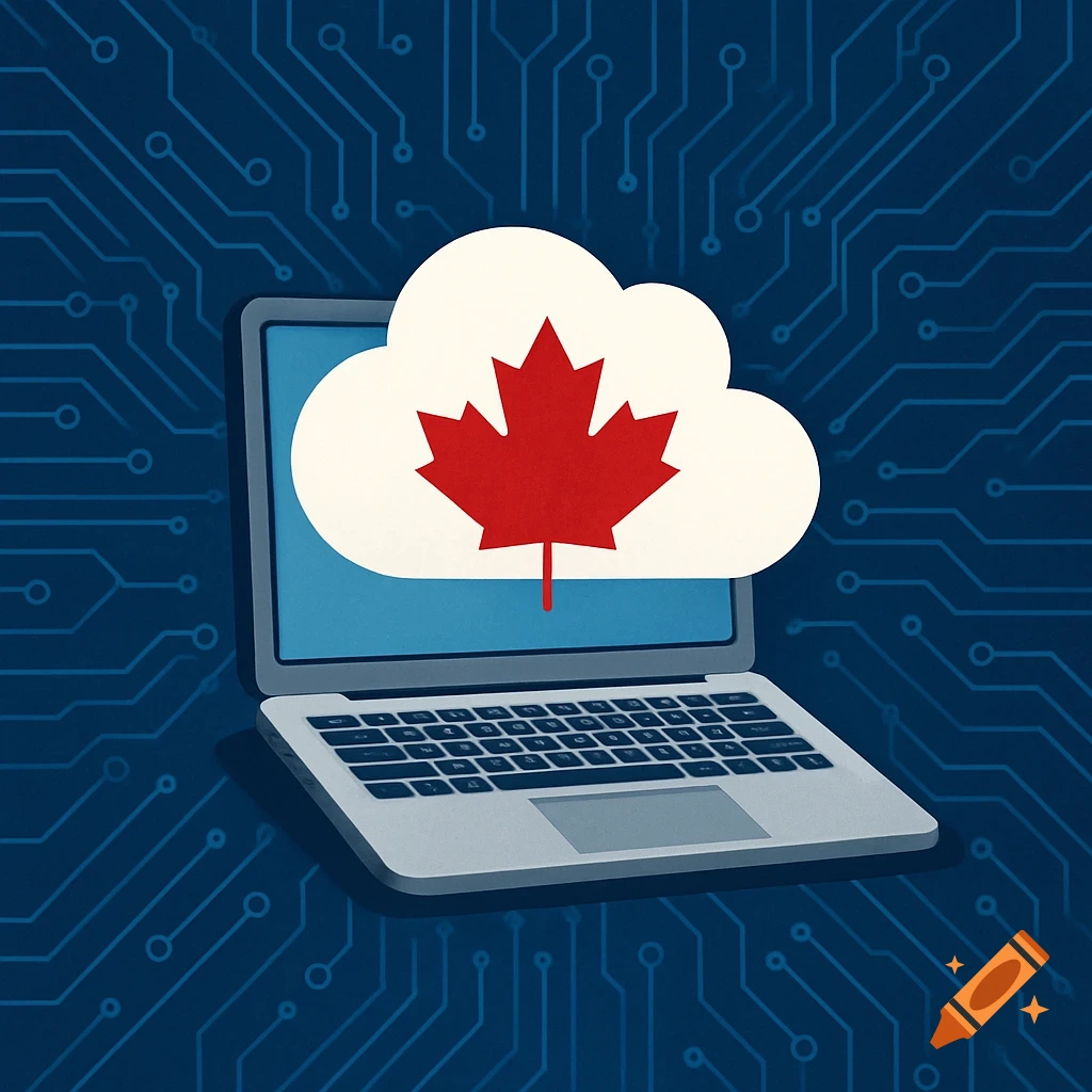 A laptop displaying a cloud with a red maple leaf against a circuit board background.