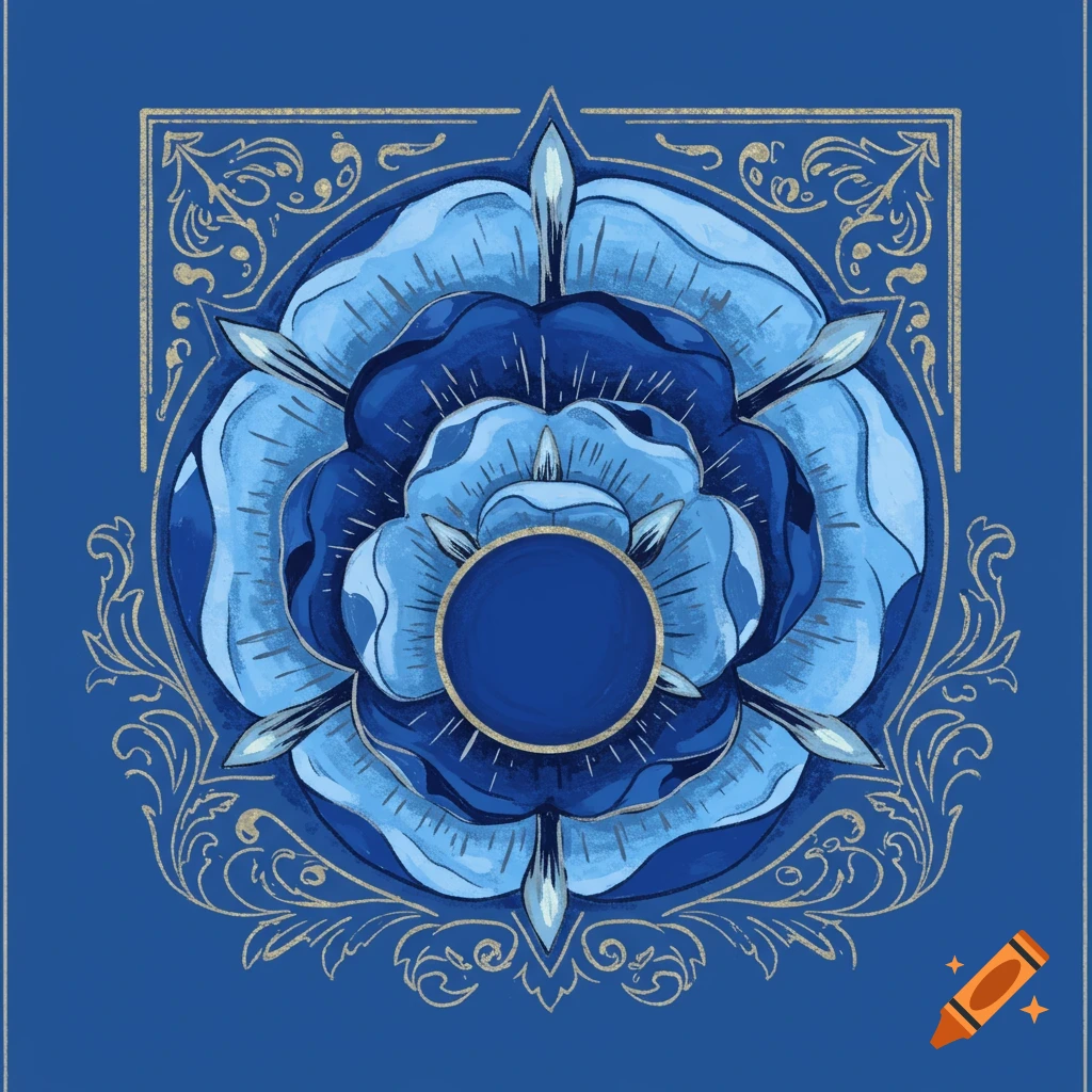 A blue heraldic rose emblem with gold decorative borders on a dark blue background.