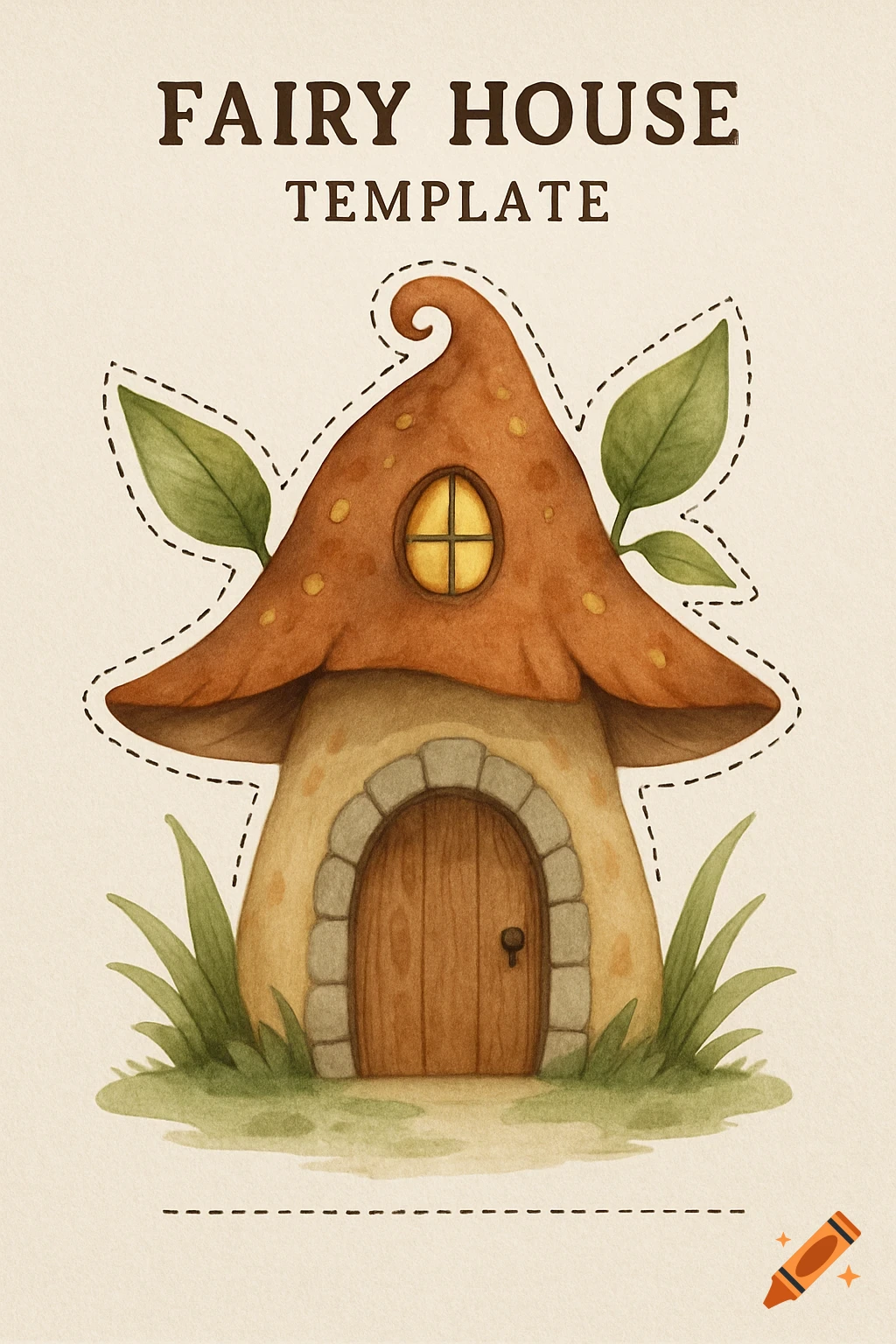 Watercolor illustration of a mushroom fairy house template with text and cut lines.