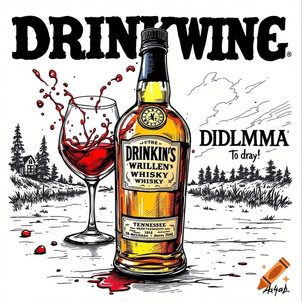 Stylized illustration of a whiskey bottle and a wine glass with red wine splashing, set in a landscape. Text reads 'DRINK WINE' and 'DIDLMMA To dray!' along with bottle label text.