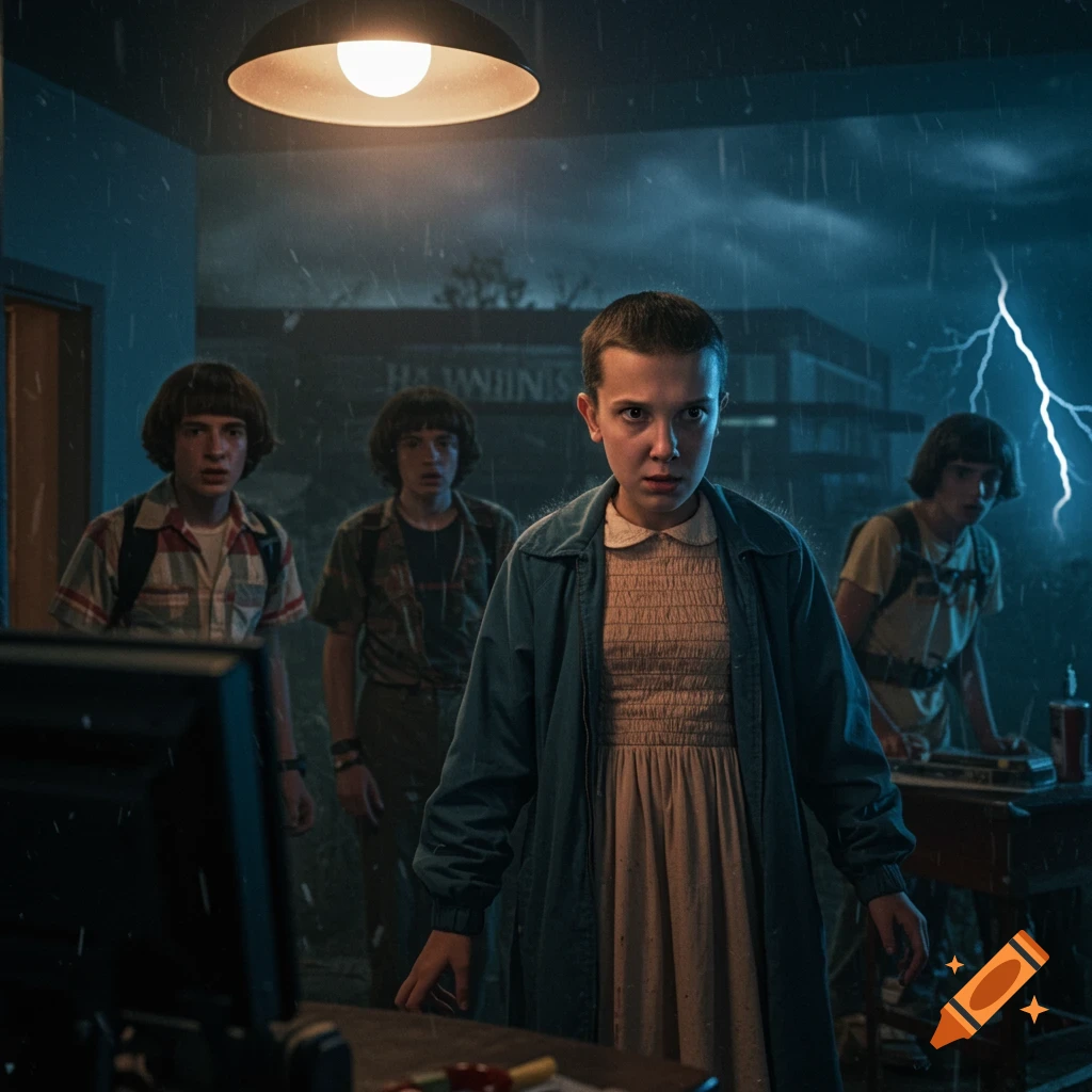 Four young people stand inside looking out at a stormy street scene with lightning.