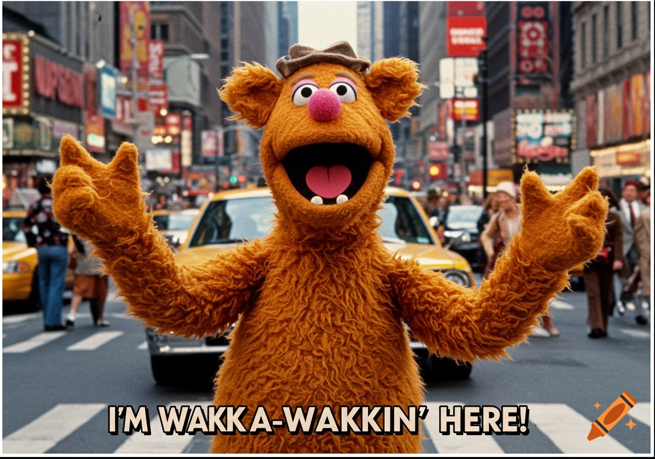 Fozzie Bear waves his arms on a New York street with the caption 'I'M WAKKA-WAKKIN' HERE!'