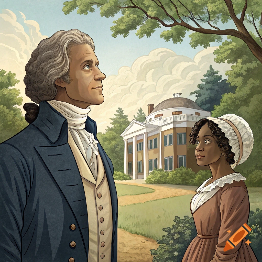 Illustration of Thomas Jefferson and Sally Hemings in a garden outside a mansion.