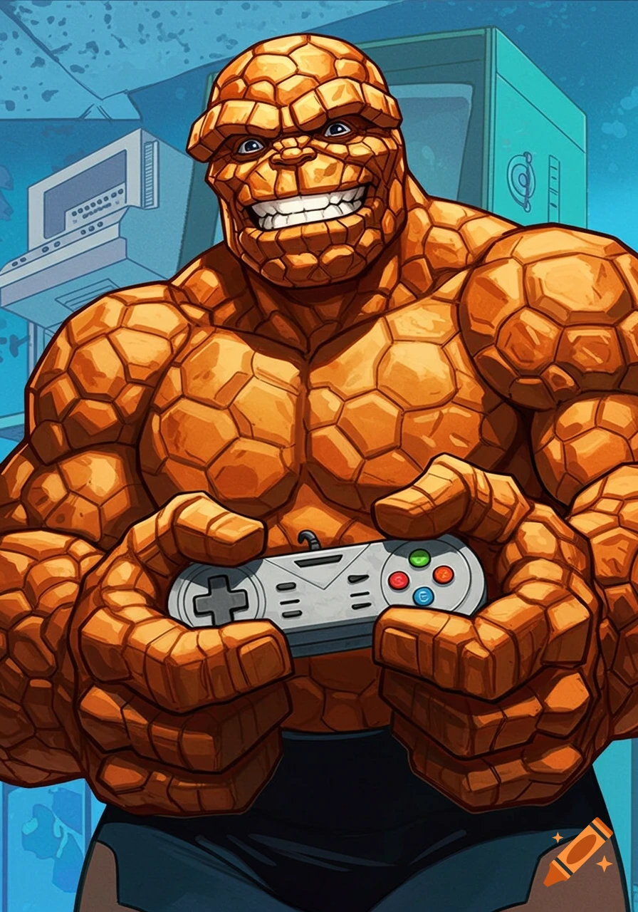 The Thing from Marvel holds a video game controller in a comic art style.