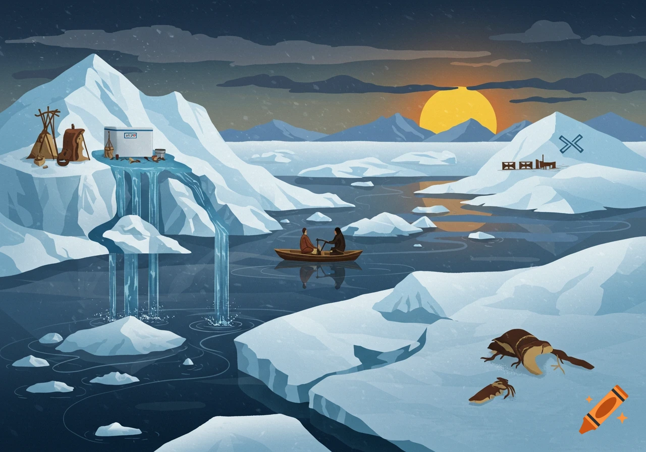 Illustration of Arctic landscape with melting ice, waterfall, boat with two people, structures, and creatures on ice.