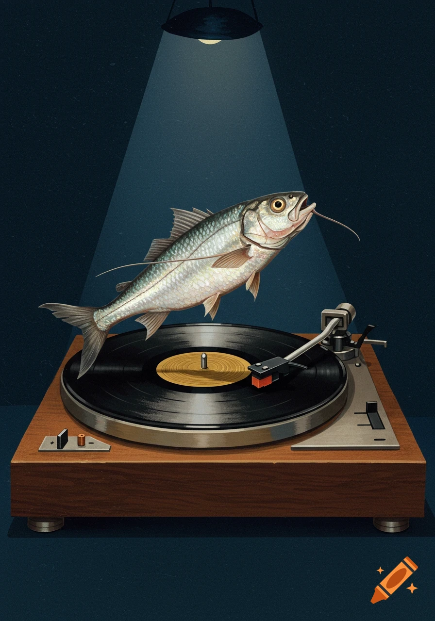 An illustration of a fish leaping over a record player under a ...