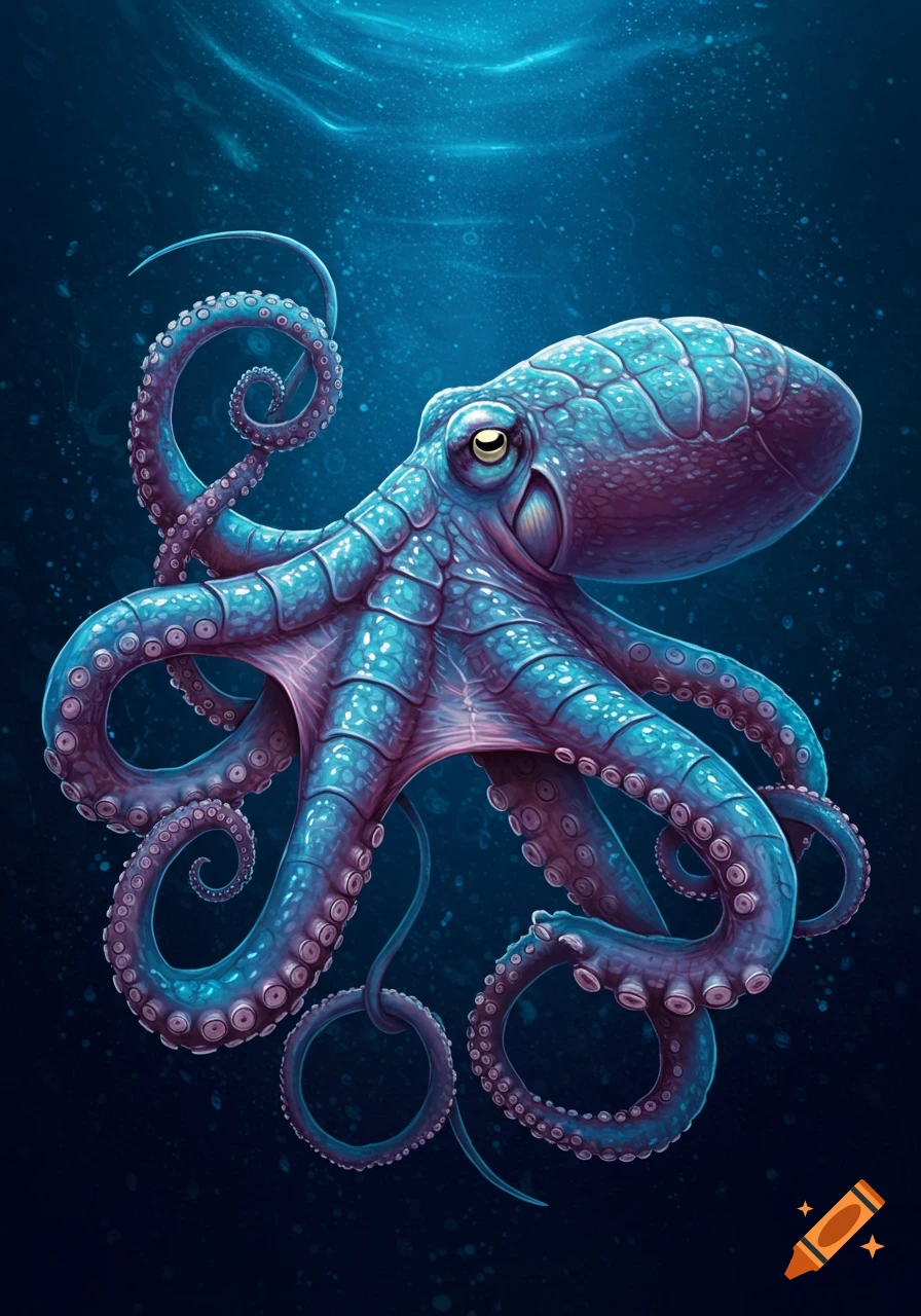 A blue and purple octopus with textured skin swims in deep blue water.