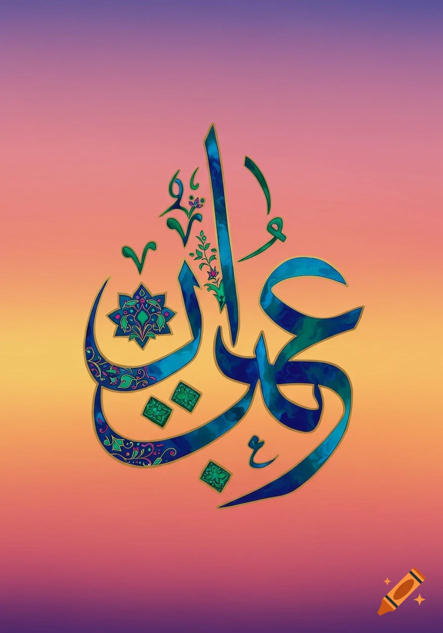 Arabic calligraphy in blue and green with patterns on a gradient background