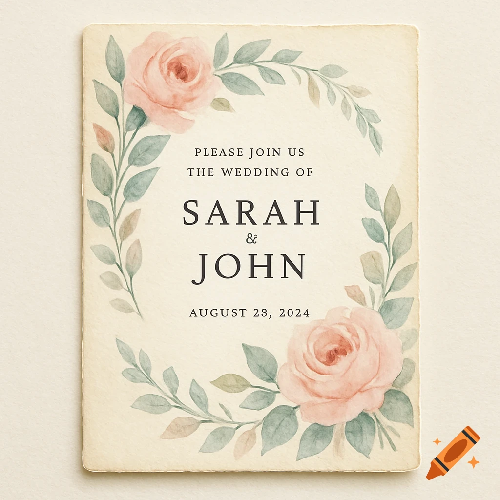 Watercolor wedding invitation mockup with a pink floral wreath and text.