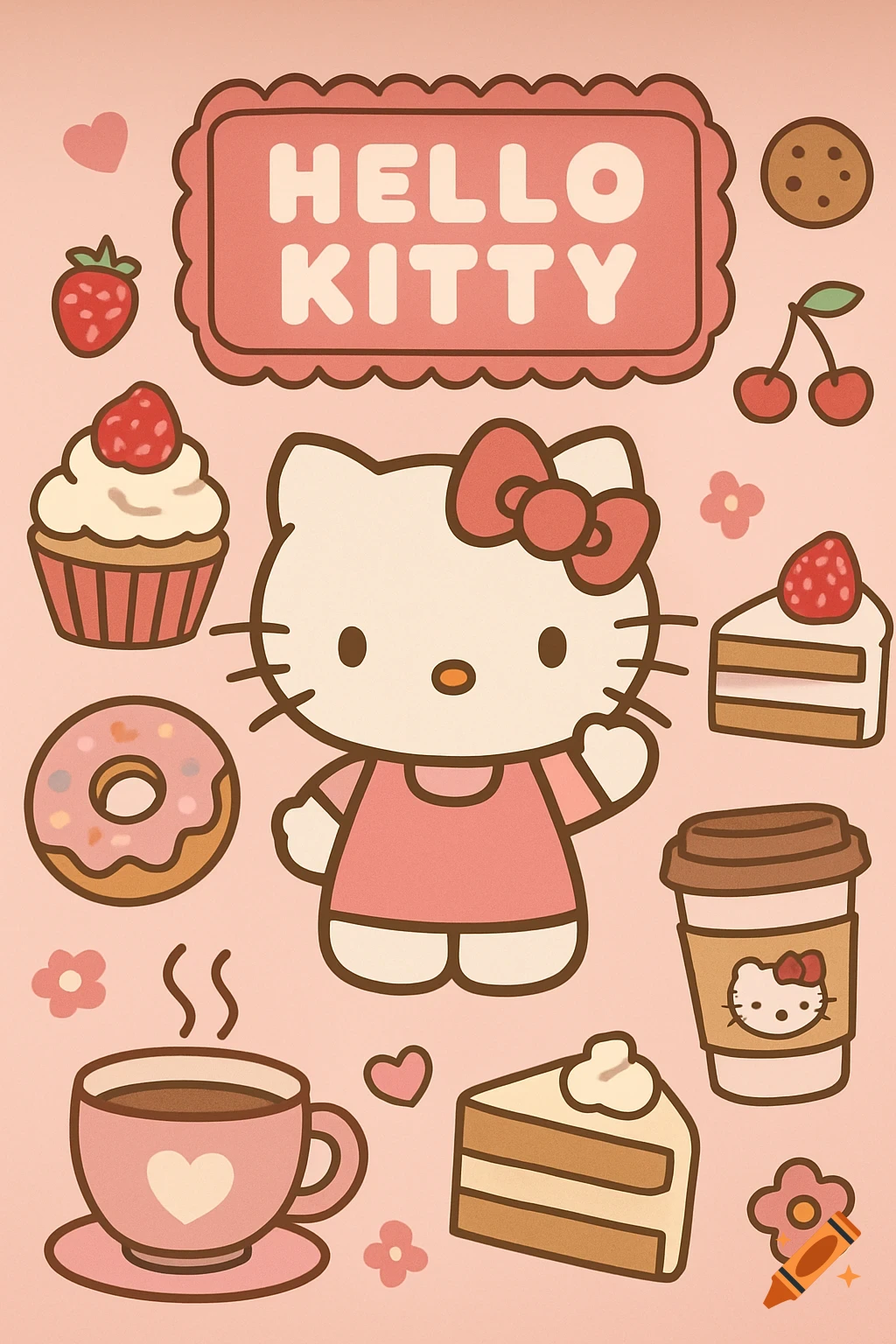 Illustration of Hello Kitty surrounded by cafe items like a cupcake, donut, coffee, and cake on a pink background.