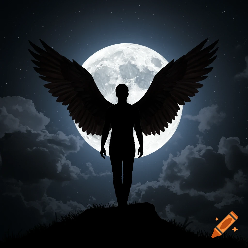 Silhouette of a person with large wings standing on a hill against a bright moon in a starry night sky.