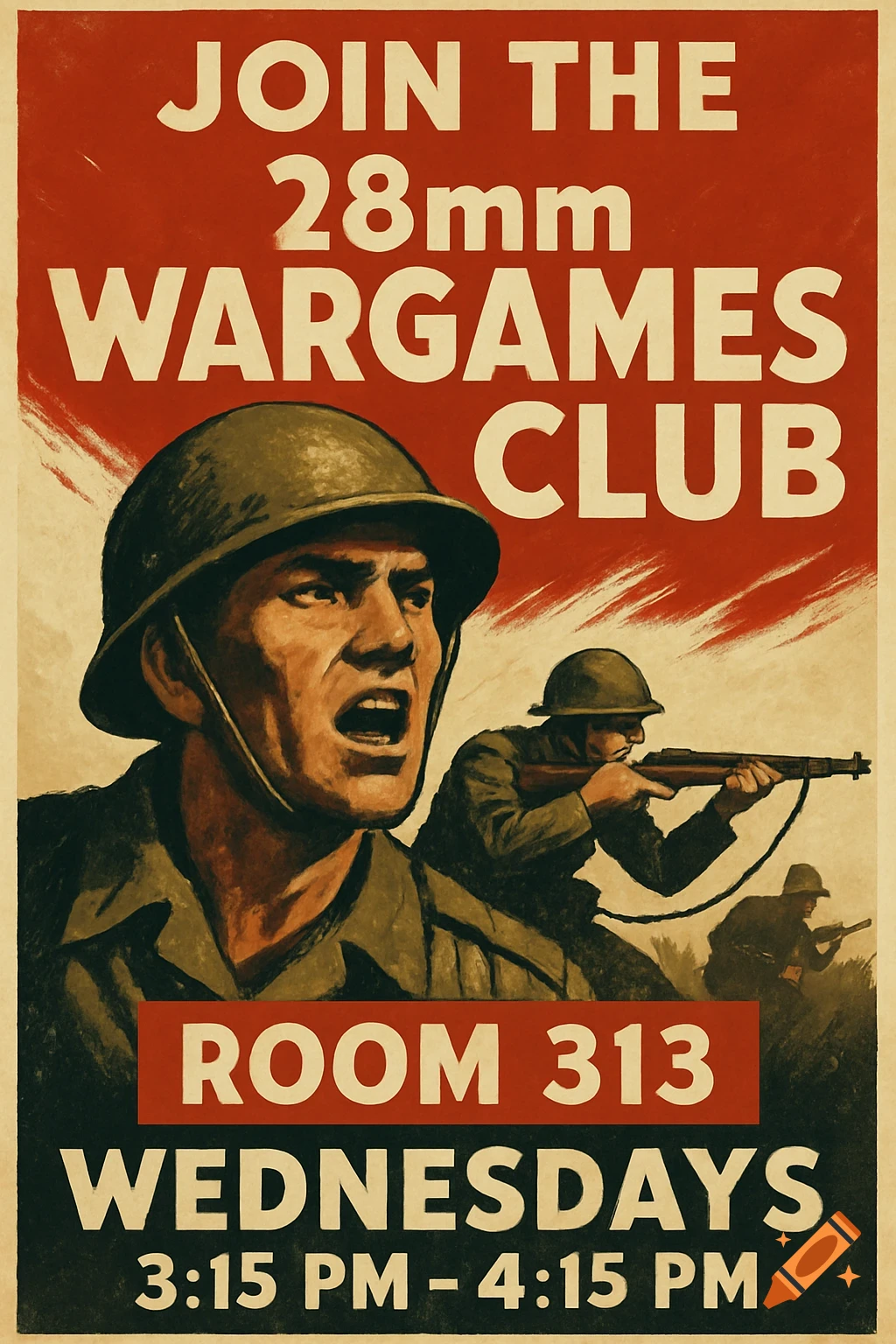 WW2 style propaganda poster featuring soldiers, promoting a wargames club meeting time and room.