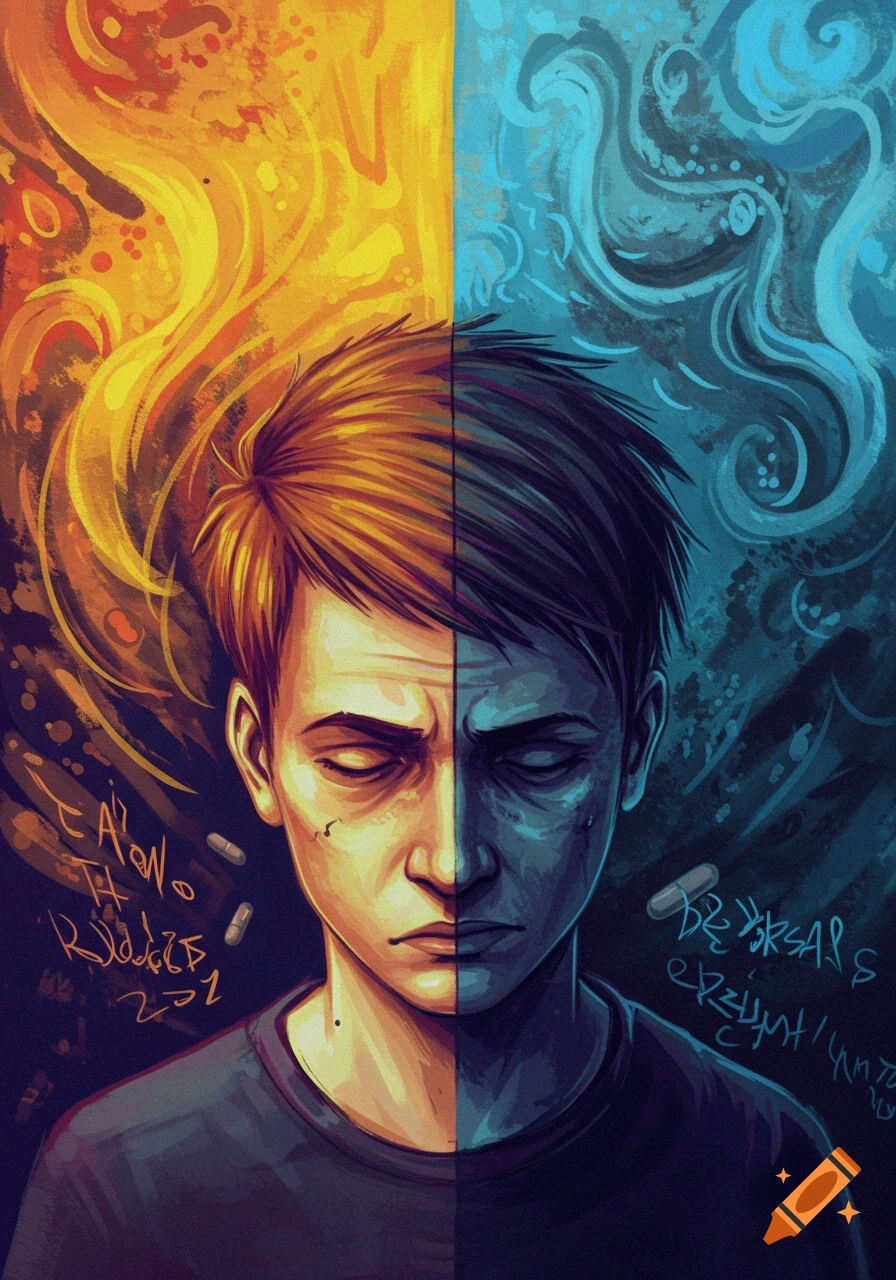 Split portrait painting of a person with one side fiery yellow and the other watery blue, floating pills.