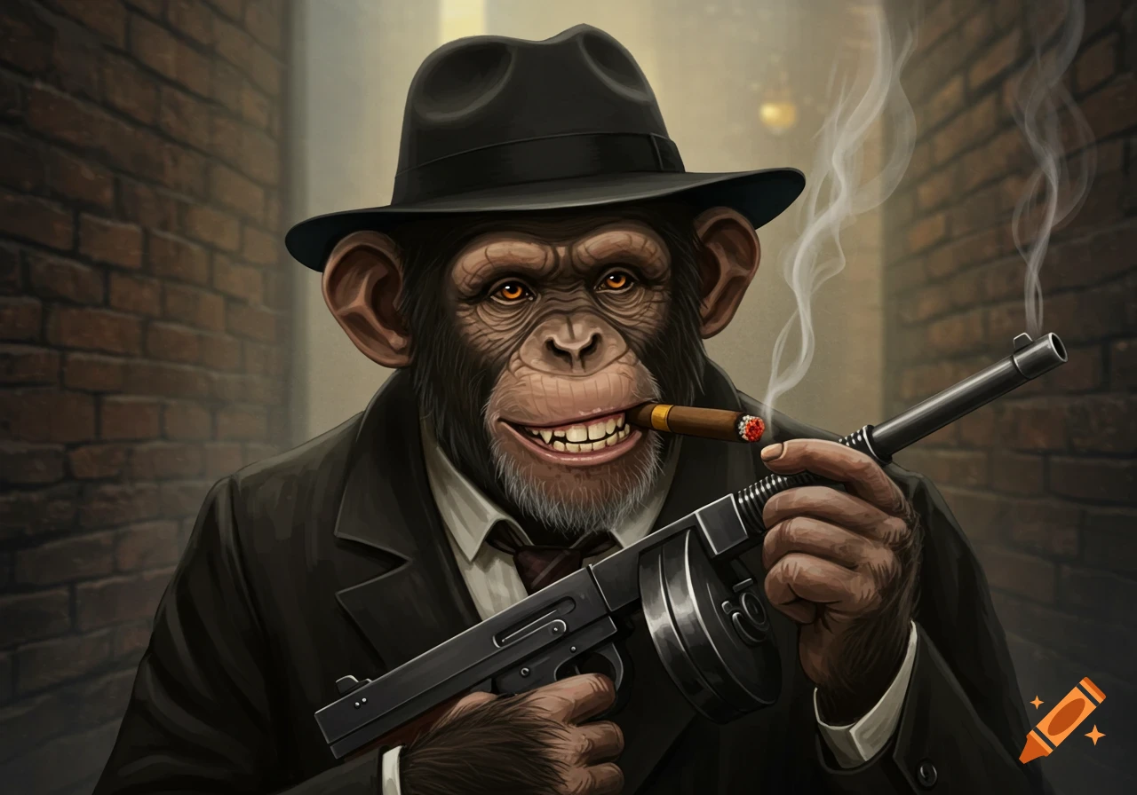 An illustration of a chimpanzee dressed as a gangster with a fedora, holding a tommy gun and smoking a cigar.