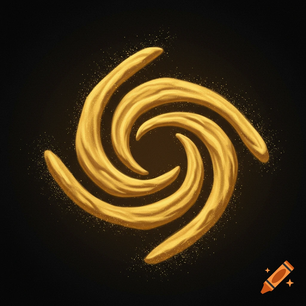 A swirling gold symbol on a dark background.