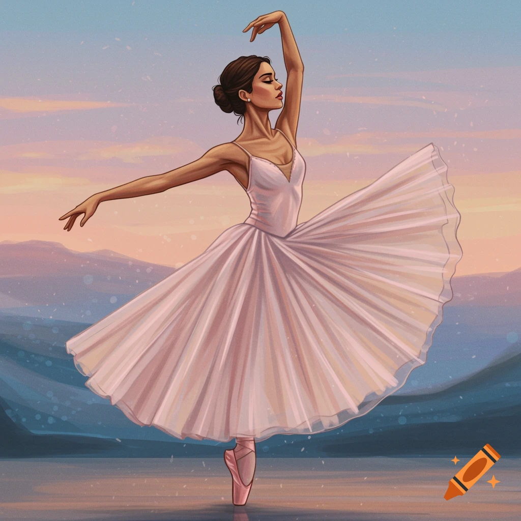 A digital illustration of a ballerina dancing en pointe against a backdrop of mountains and a body of water at sunset or sunrise.