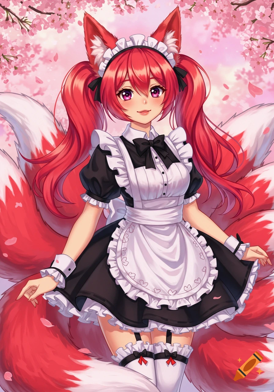 Anime fox girl in maid outfit under cherry blossoms