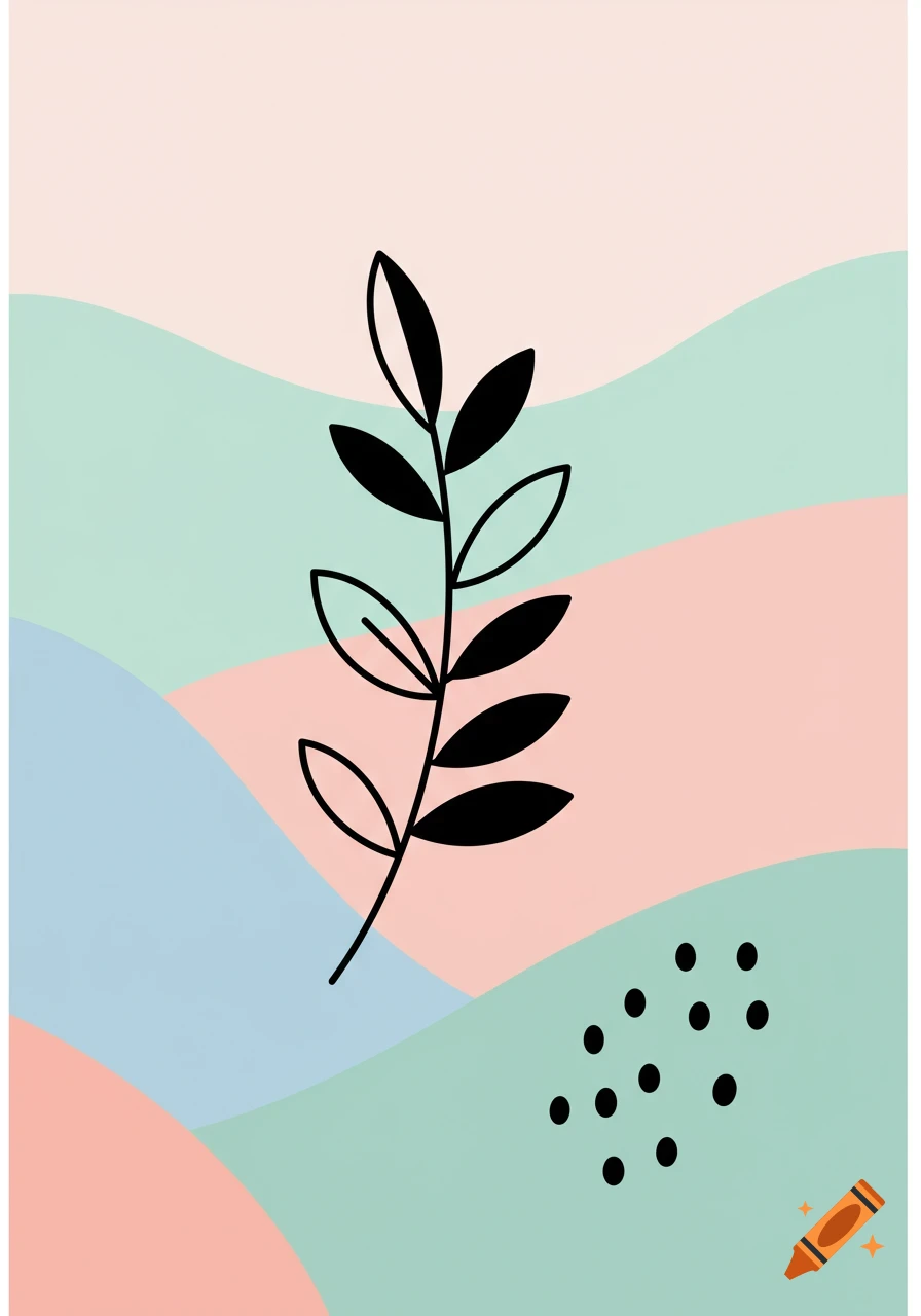 Abstract graphic with a black branch, pastel color shapes, and black dots.