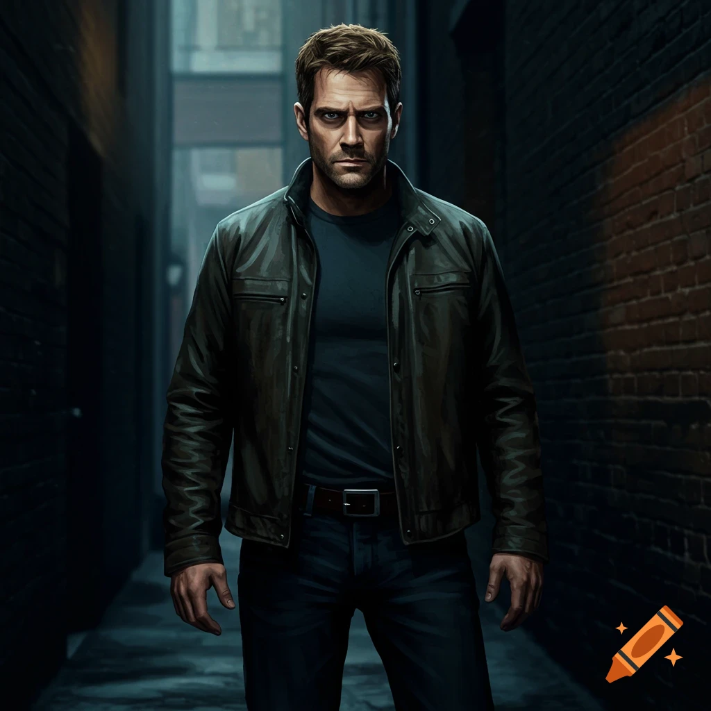 A stern-looking man in a leather jacket stands in a dark alley.