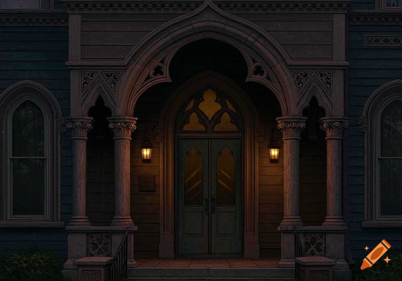 Building entrance with gothic arch, columns, and dark siding.