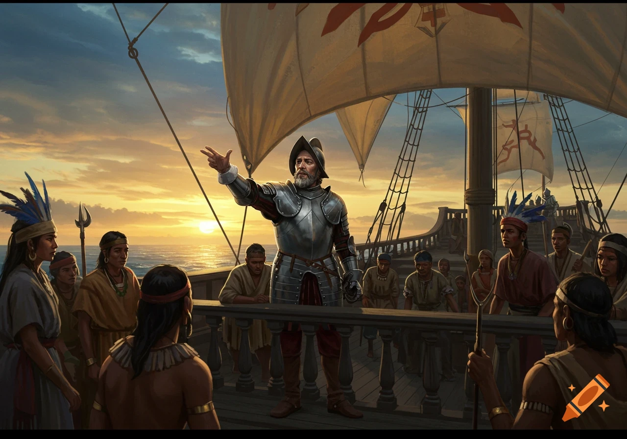 A conquistador speaks to a crowd on a ship at sunset. on Craiyon
