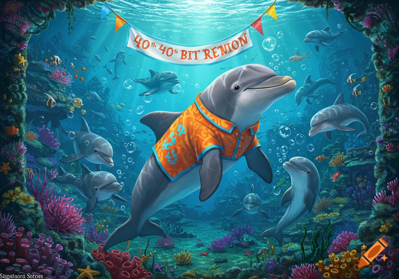 An illustration of a dolphin wearing an orange and blue shirt underwater with other dolphins and coral reef.