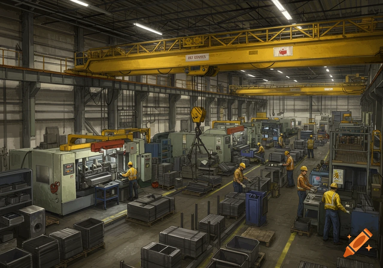 Illustration of a busy manufacturing facility with workers and an overhead crane.