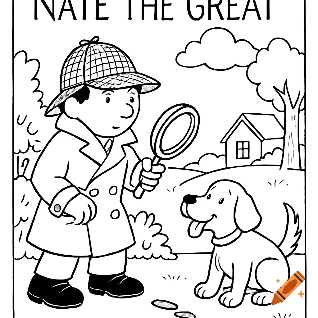 A black and white coloring page of a boy detective holding a magnifying glass next to a dog.