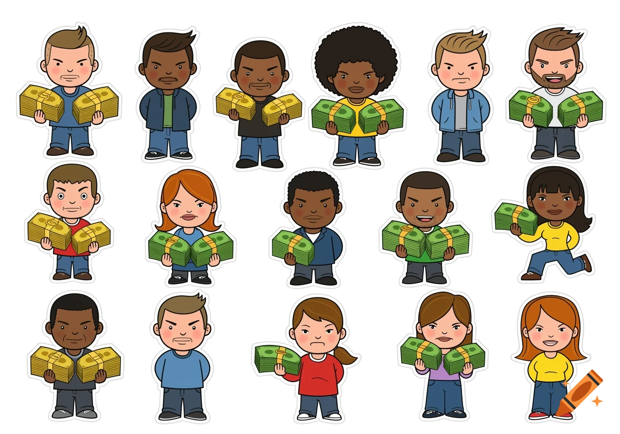 Cartoon stickers of diverse people holding stacks of money.