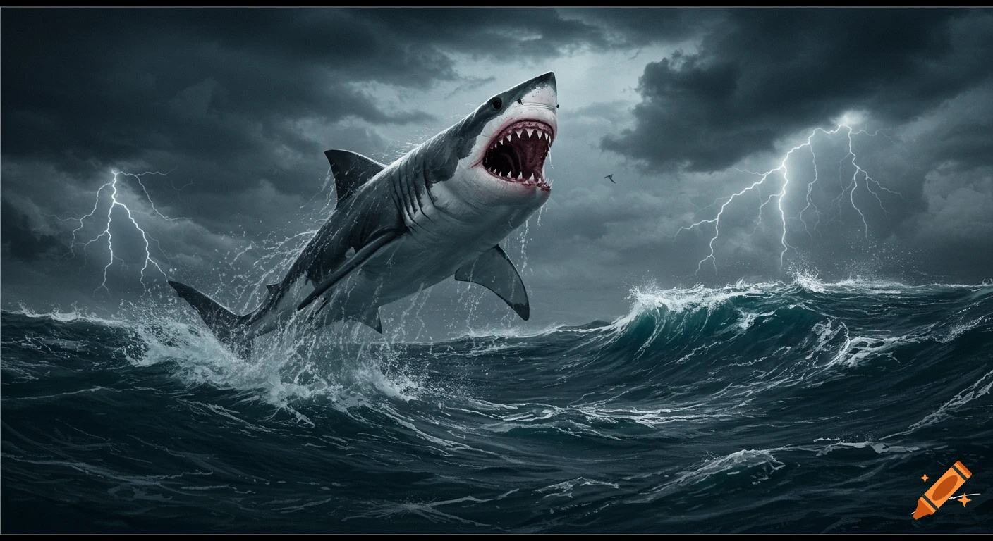 A great white shark leaps from stormy waves as lightning flashes.