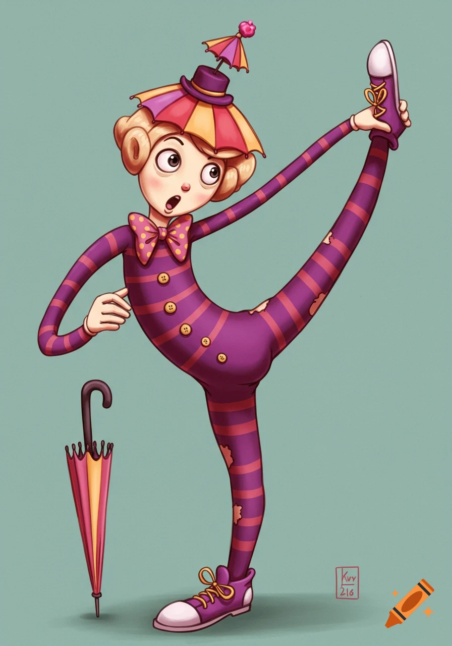 A colorful, stylized character in a purple and red striped outfit doing a high kick, holding a foot.