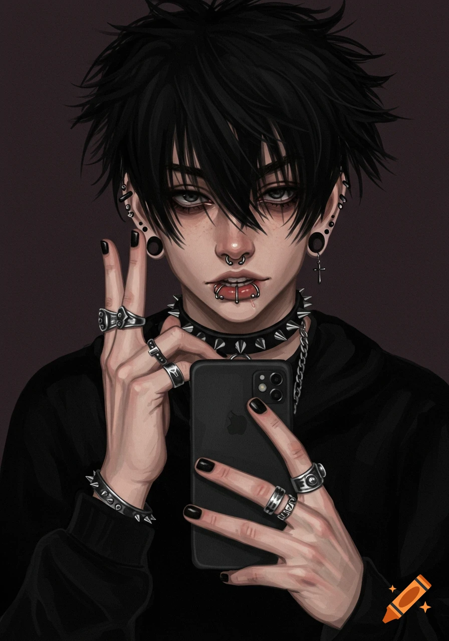 Anime illustration of a teen with black hair, piercings, and black nails holding a phone.