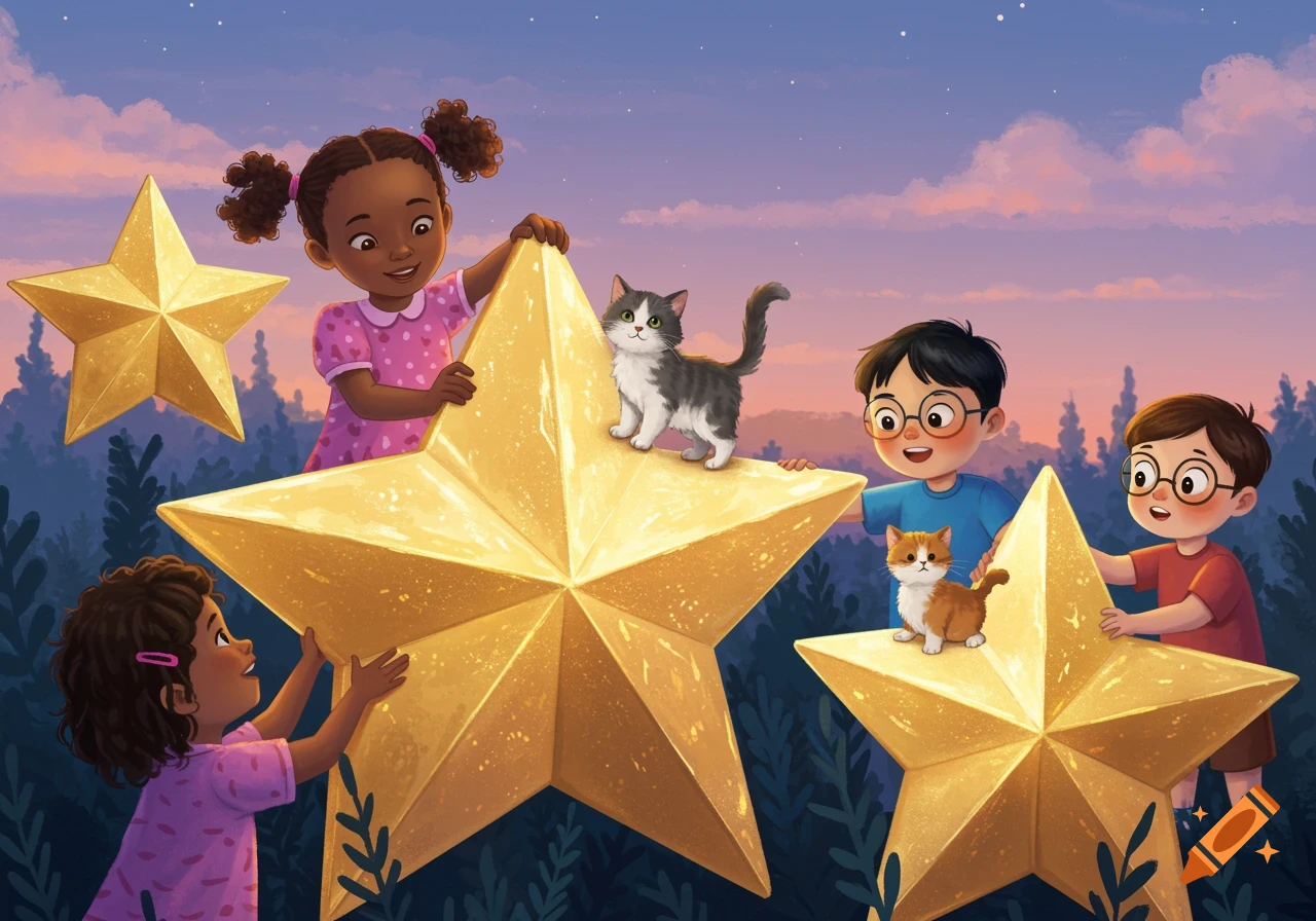 Illustrated scene of diverse kids and cats interacting with large golden stars under a starry evening sky.