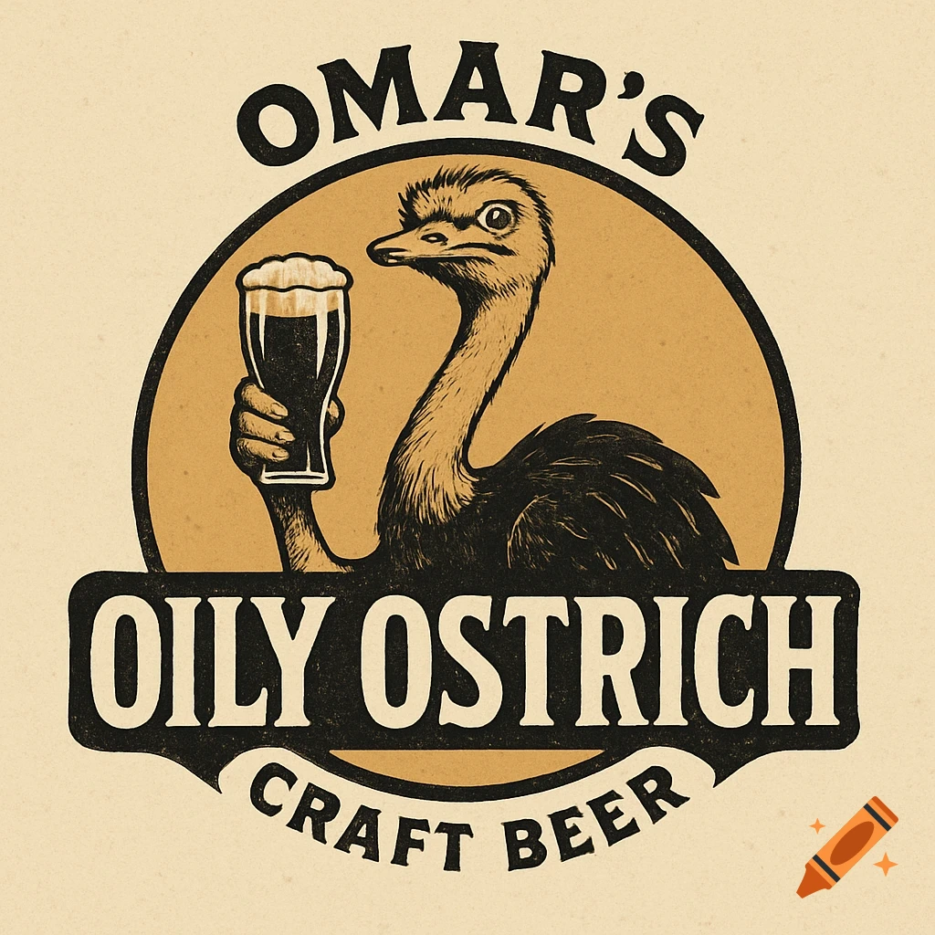 Vintage style craft beer logo featuring an ostrich holding a beer and text.