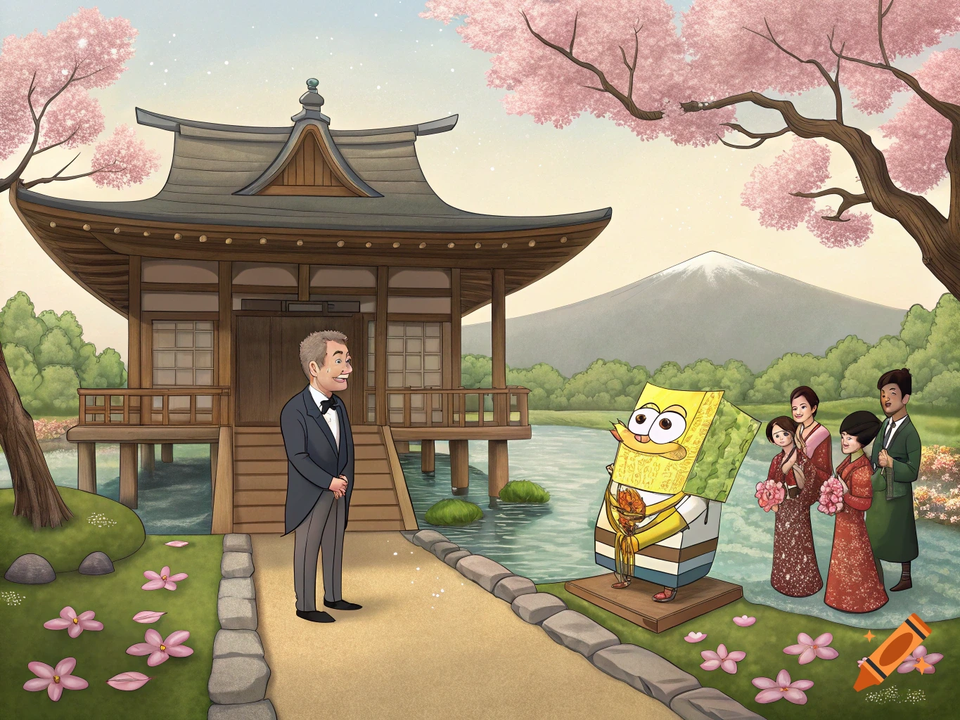 George Bush and SpongeBob attend a wedding ceremony in feudal Japan with a temple and cherry blossoms.