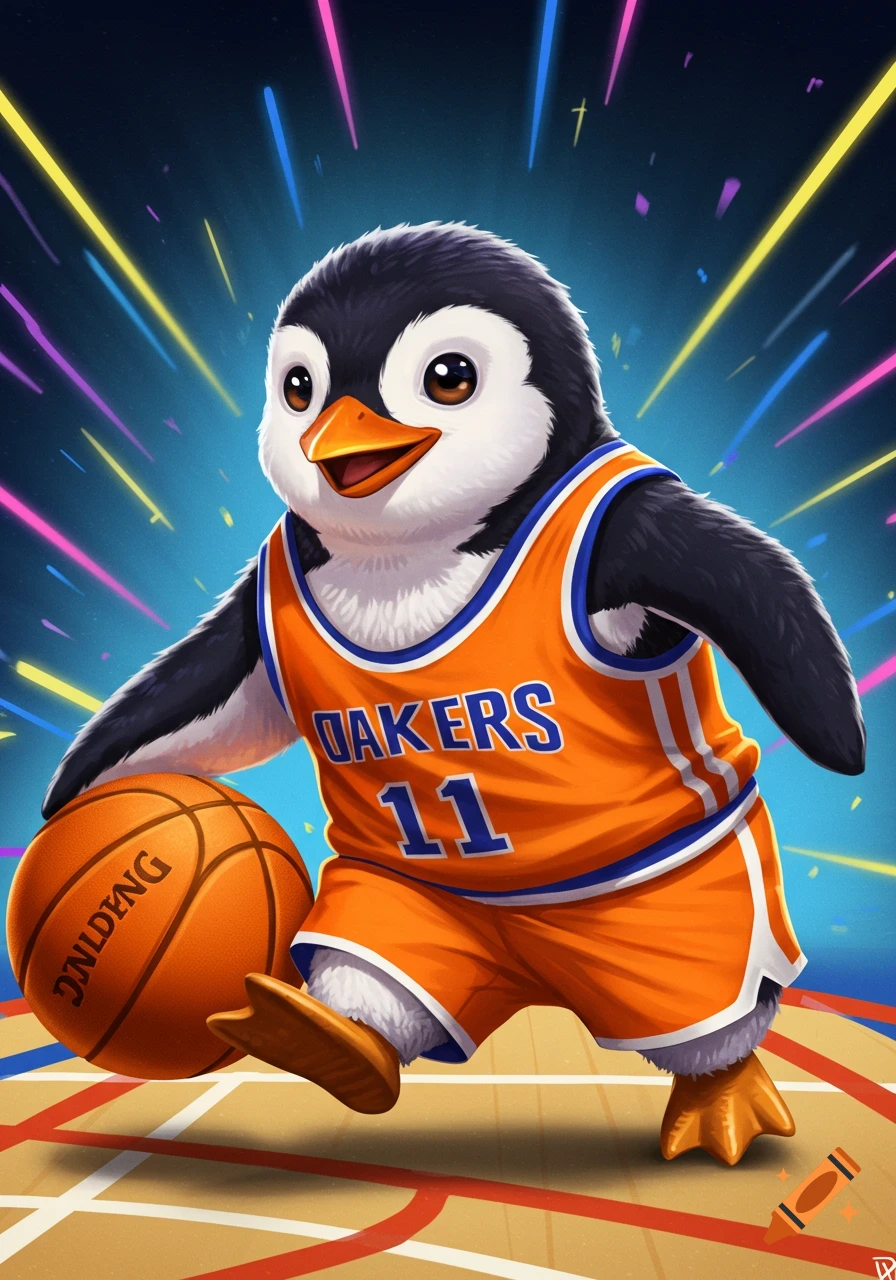 Cartoon penguin playing basketball wearing an orange jersey