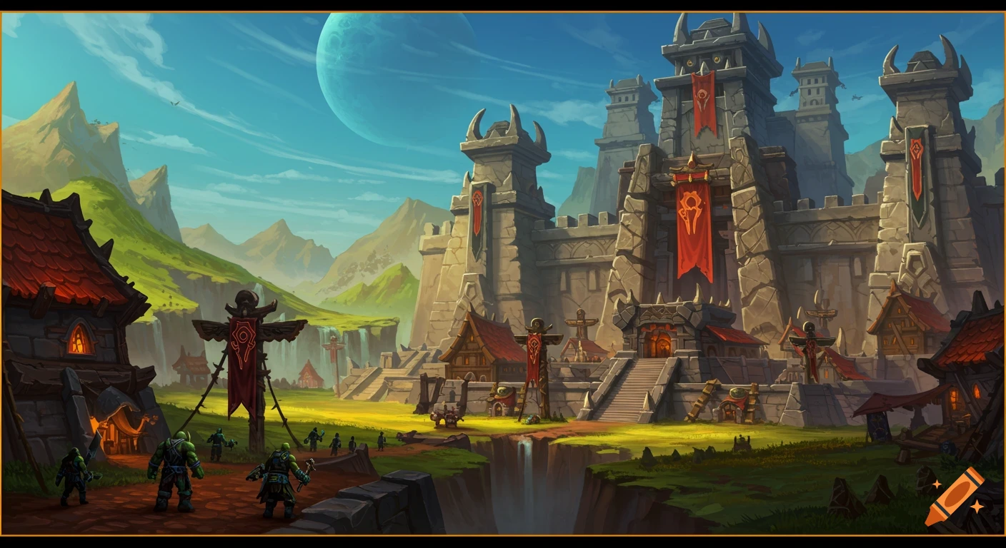 A fantasy painting of Orgrimmar from World of Warcraft, showing the Horde castle, orcs, and landscape under a large moon.