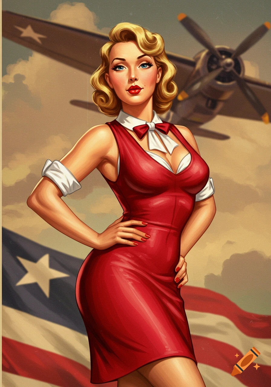Vintage pinup woman in red dress poses in front of airplane and American flag.