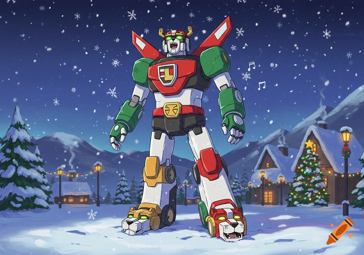 Voltron singing in a snowy Christmas village scene