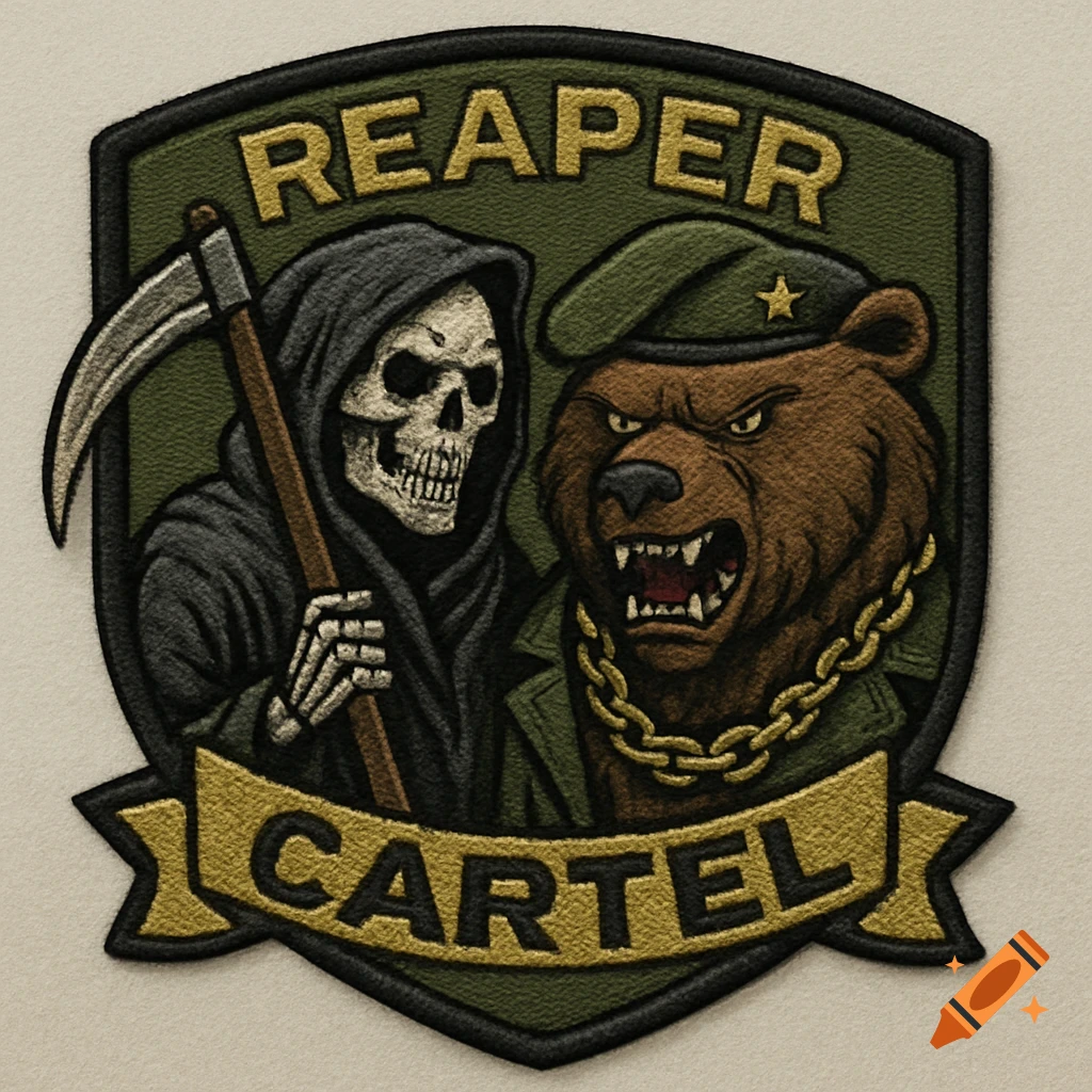 Embroidered military-style patch featuring a grim reaper and an angry bear in a beret and gold chain with the text 'REAPER CARTEL'.