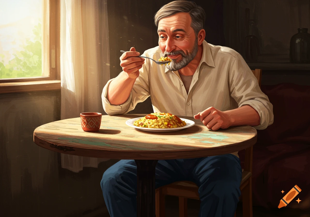 A man eats a plate of food at a table in a sunlit room, illustration style.