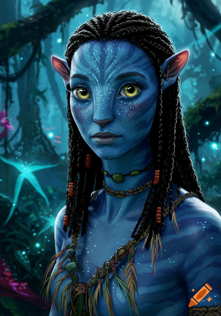 Portrait of a blue-skinned Na'vi woman with braided hair and yellow eyes in a jungle.