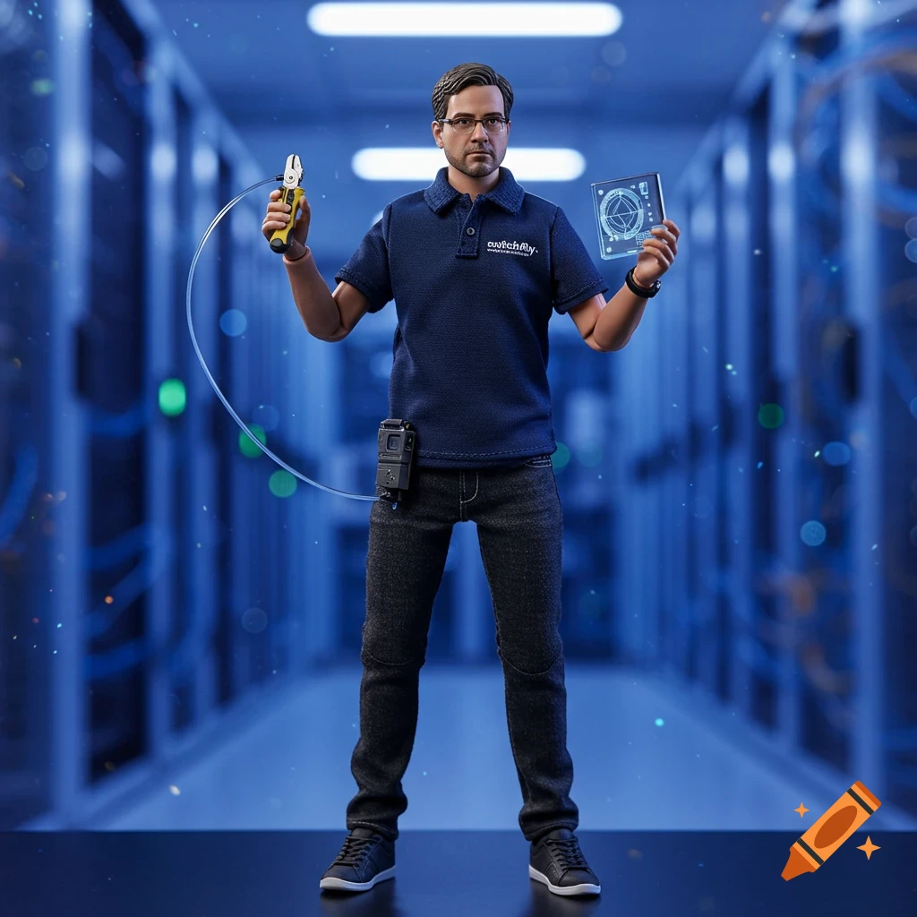 Photorealistic action figure of a network engineer holding pliers and a screen in a server room.