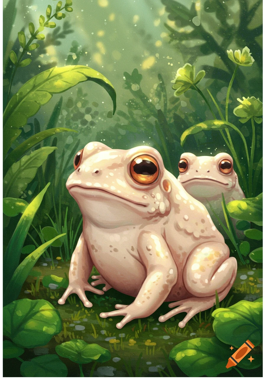Two cream-colored frogs sit among green leaves in a lush, illustrated scene.
