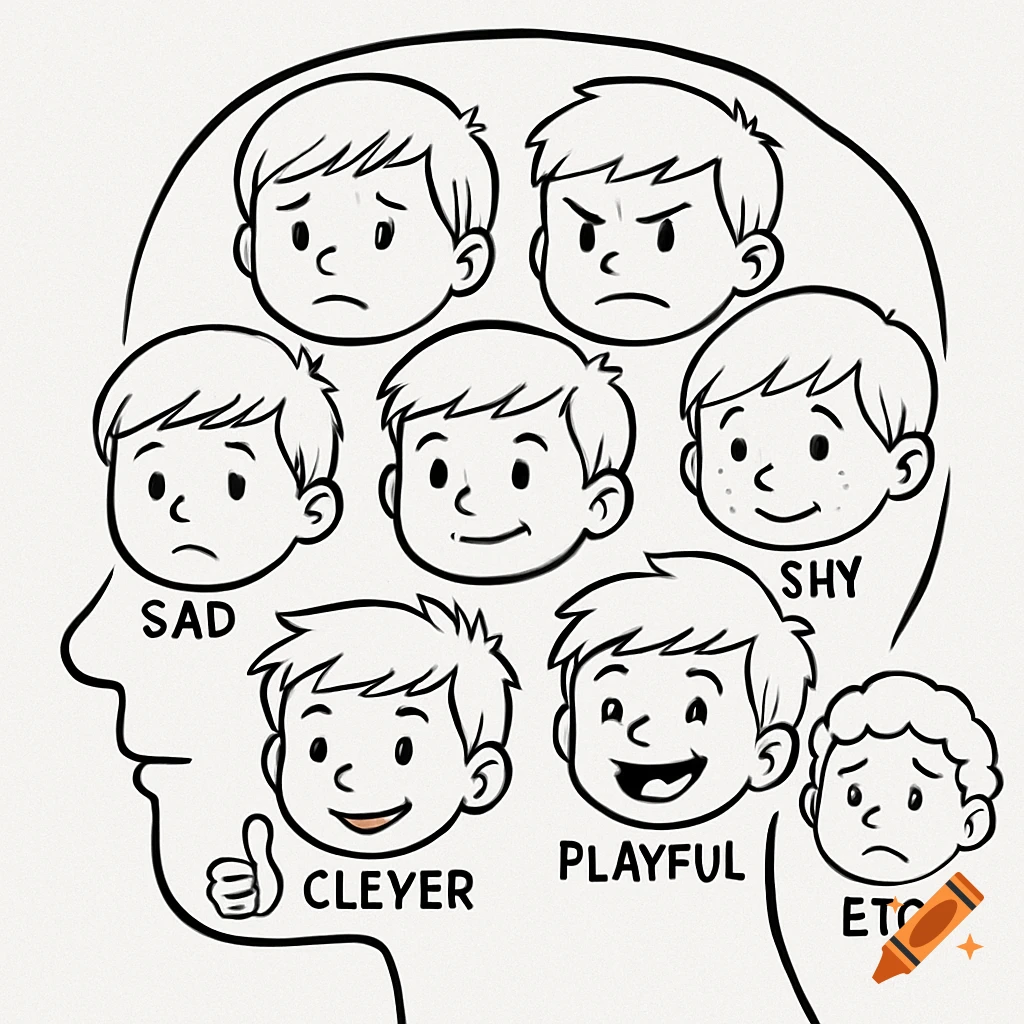 Line drawing of a head silhouette containing multiple cartoon faces depicting emotions, with labels including SAD, SHY, CLEYER, PLAYFUL, and ETC.